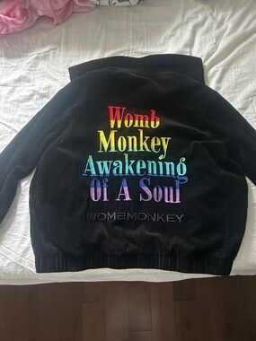 Womb Monkey Black Corduroy Jacket with Rainbow Embroidered Text